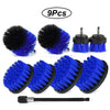 A set of nine black and blue silicone brush attachments for power drills, including various shapes and a cleaning tool.