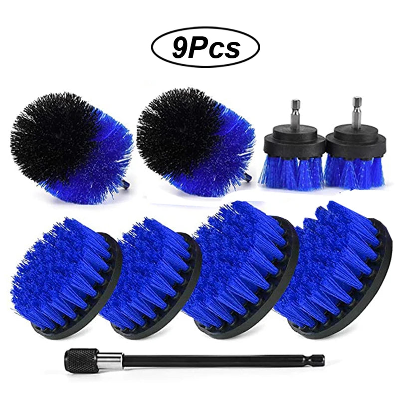 A set of nine black and blue silicone brush attachments for power drills, including various shapes and a cleaning tool.