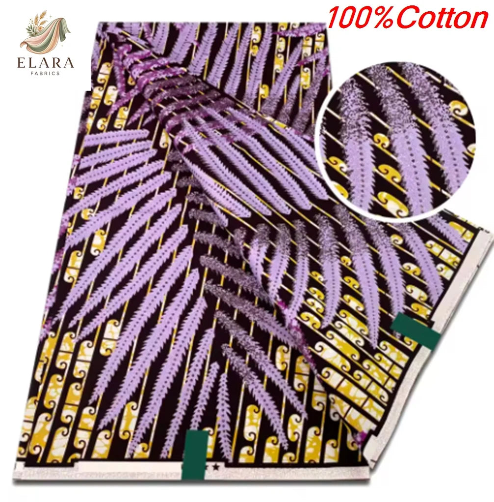 Purple and yellow striped African wax print fabric featuring a pattern of feathers and swirling motifs