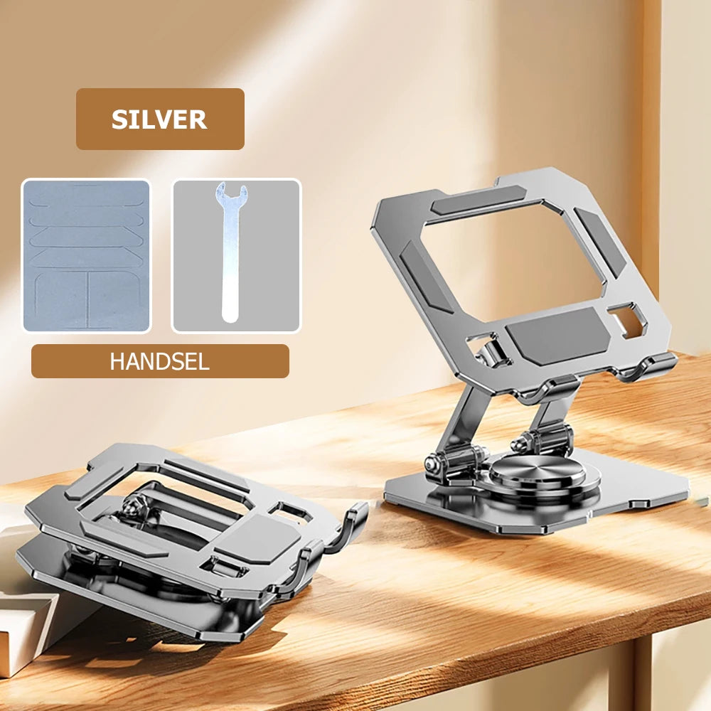 Silver 360° rotating adjustable tablet stand for phones and tablets shown with its handset and components on a wooden surface