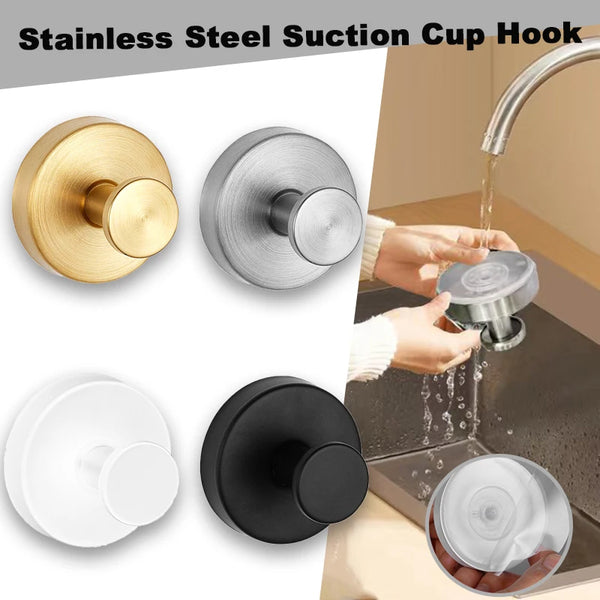 Gancho de ventosa de acero inoxidable en acabados dorado, plateado y negro, usado para colgar una taza en un grifo de cocina.