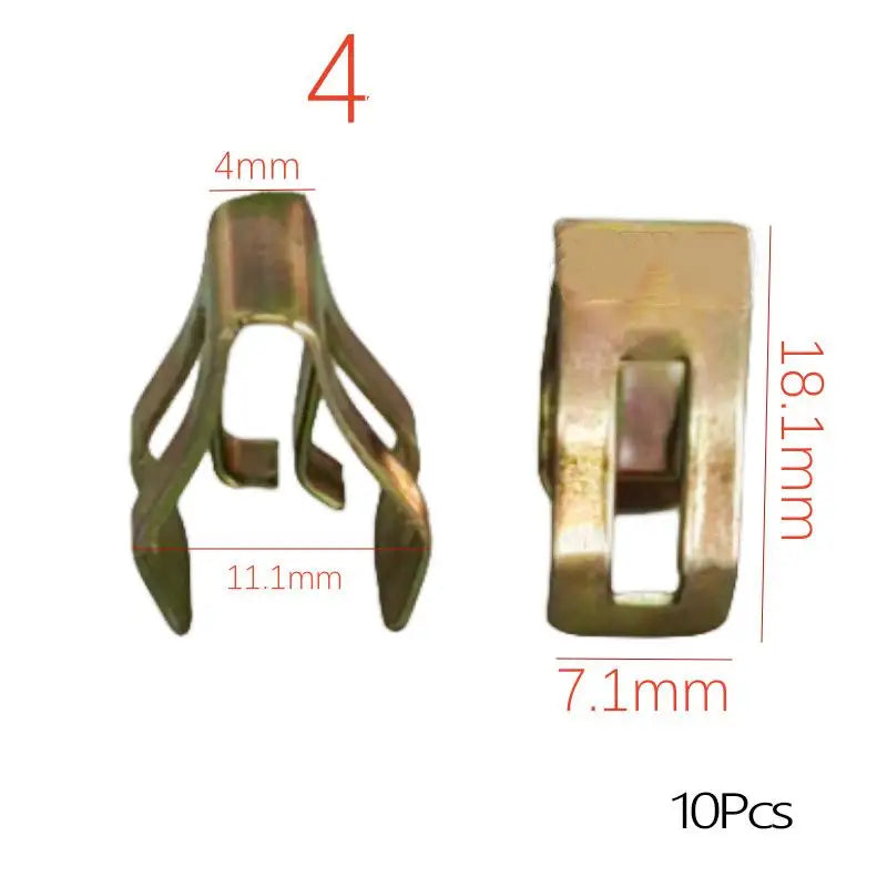 Four universal metal trim panel fastener clips shown with dimensions 4mm, 11.1mm, and 18.1mm.