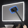 A black car windshield cleaning tool with a blue squeegee wiper is shown against a lighted mirror.