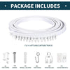 A package of curtain track includes 1x 16.4ft (5m) curtain track, end covers, screws, drywall anchors, iron hooks, and track 