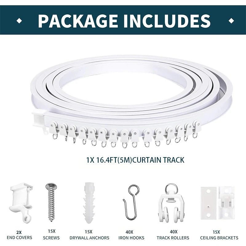 A package of curtain track includes 1x 16.4ft (5m) curtain track, end covers, screws, drywall anchors, iron hooks, and track 