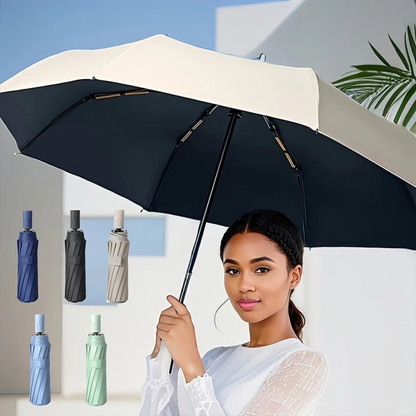 A woman holds a dark umbrella over her while displaying various colored umbrellas.