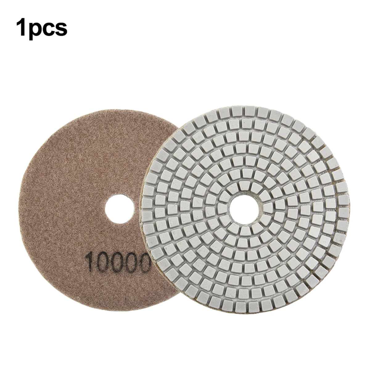 A set of two diamond polishing pads, one brown and one silver, for stone and concrete work.