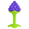 A purple silicone baby teether shaped like a cluster of berries, attached to a bright green plastic base.