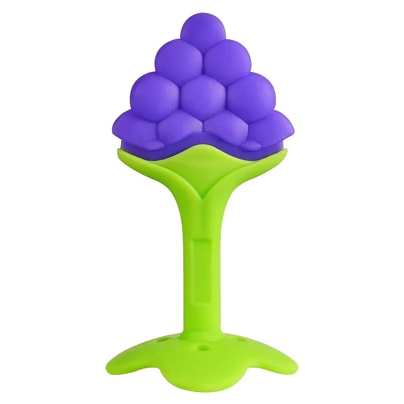 A purple silicone baby teether shaped like a cluster of berries, attached to a bright green plastic base.