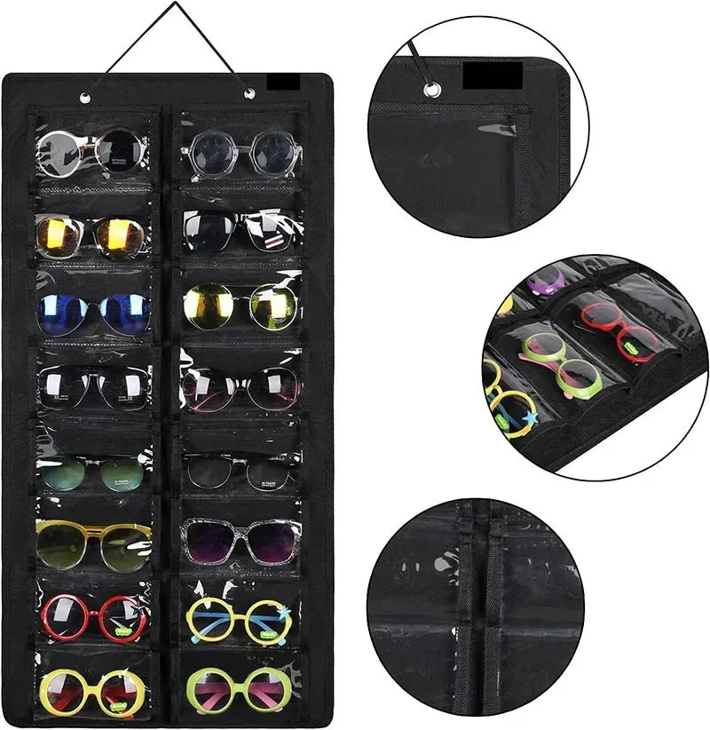 A black felt eyewear organizer with 16 slots, featuring various sunglasses and eyeglasses.