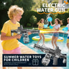 A boy is playing with an electric water gun and a girl is also using one in a backyard pool.