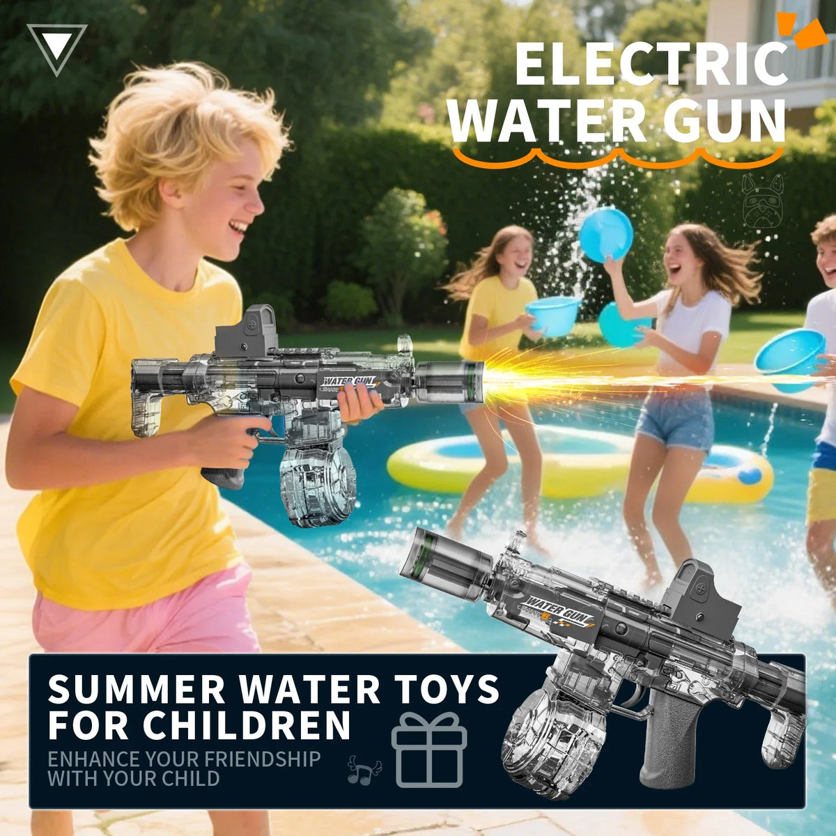 A boy is playing with an electric water gun and a girl is also using one in a backyard pool.