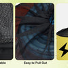Three views of a black mesh storage bag showing its dense and durable texture, ease of pull-out, and breathable quick-drying 