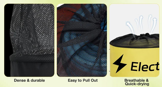 Three views of a black mesh storage bag showing its dense and durable texture, ease of pull-out, and breathable quick-drying 