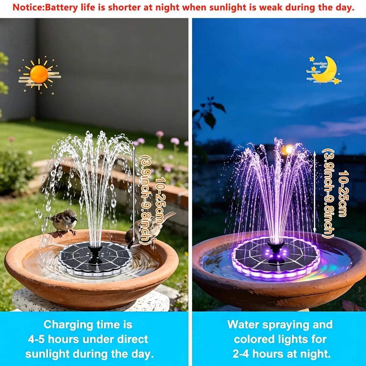 A solar-powered floating fountain with a purple LED light spraying water outdoors during the day and night.