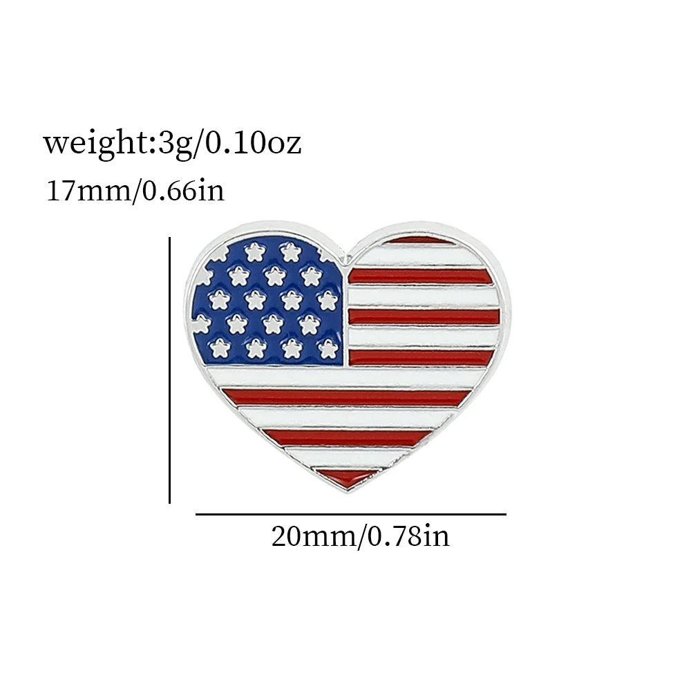 Heart-shaped enamel pin featuring the American flag design with stars and stripes