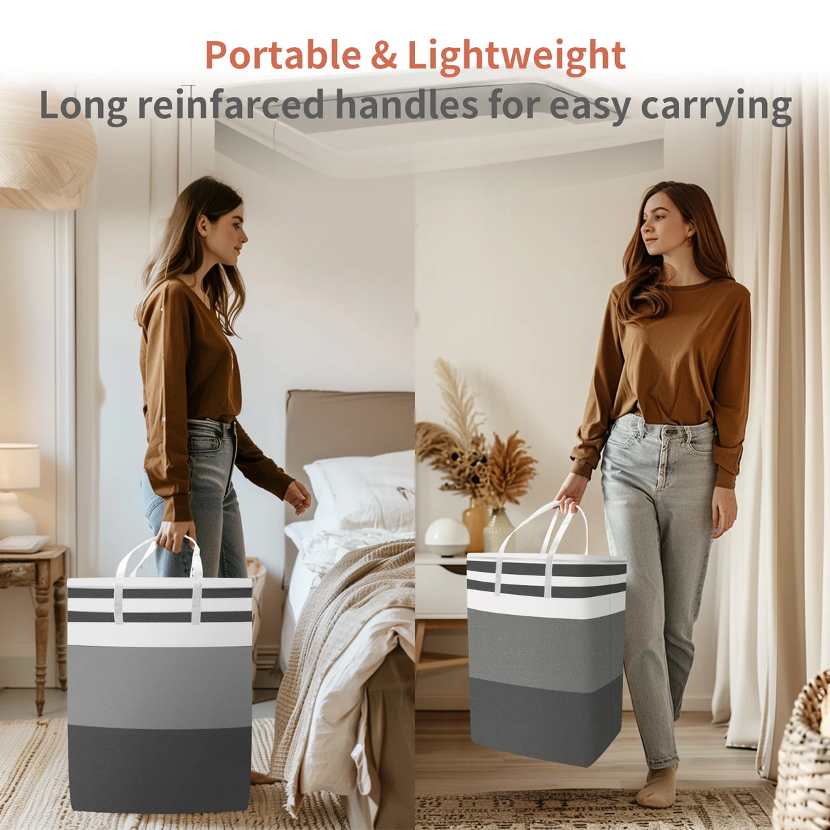 A woman is carrying a gray laundry hamper with striped handles in a bright room.