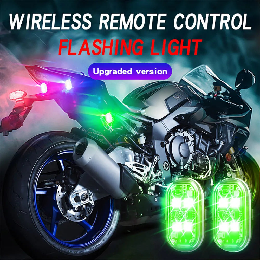 A motorcycle is shown with a flashing neon light accessory installed on the front, highlighting its engine and components.