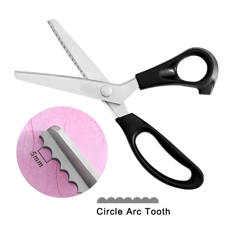 Pair of professional stainless steel pinking shears with a 5mm circle arc tooth.