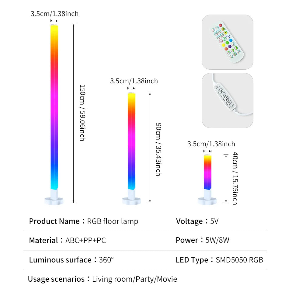 An RGB floor lamp featuring a luminous surface and various color options for living room or party use.
