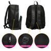 Black football star backpack set showing double zippers, adjustable straps, and breathable material features.