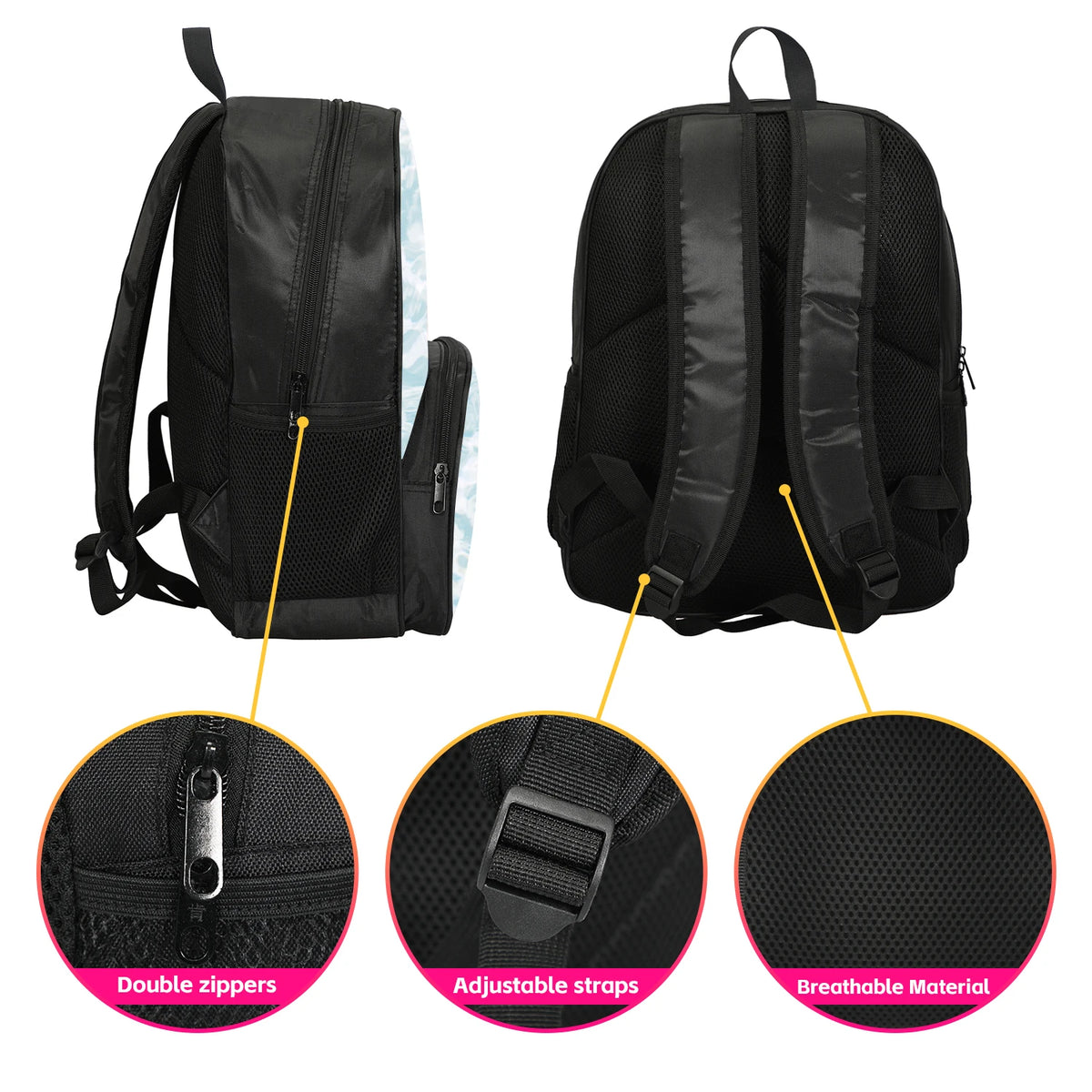 Black football star backpack set showing double zippers, adjustable straps, and breathable material features.