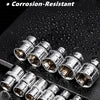 A set of rust-proof corrosion-resistant whole body electrophoresis sockets and wrenches resting on a dark surface.