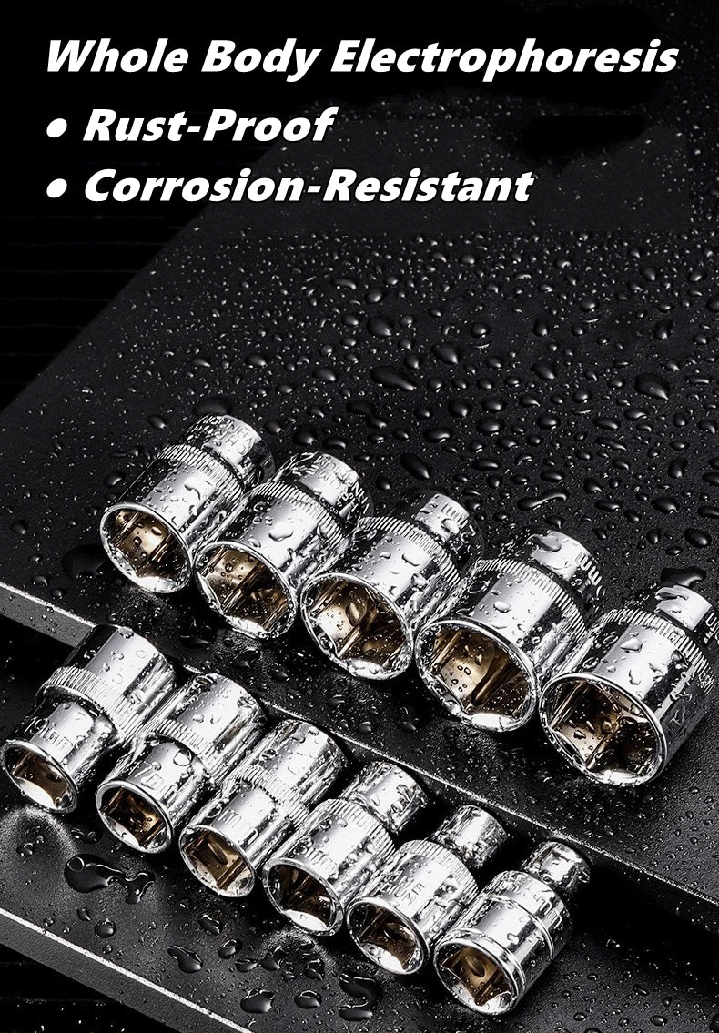 A set of rust-proof corrosion-resistant whole body electrophoresis sockets and wrenches resting on a dark surface.