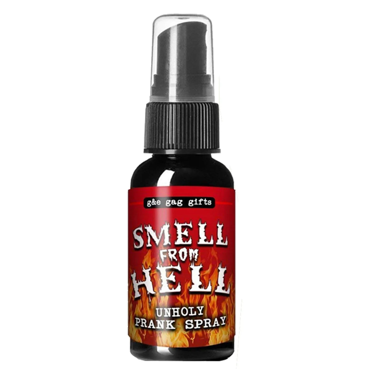 A black glass bottle of Smell From Hell unruly prank spray with a black pump top.