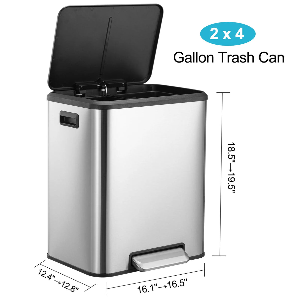 A stainless steel gallon trash can with a black lid and soft-close feature, shown in a side view.