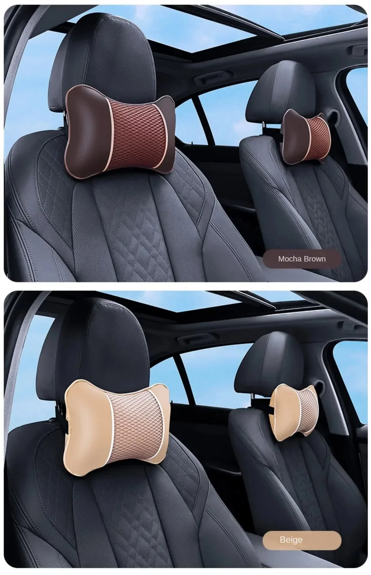 Dos variaciones de reposacabezas y cojines de asiento de cuero premium en colores marrón mocha y beige.