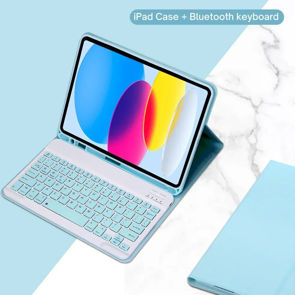 A light blue iPad case is shown open, displaying a colorful graphic, with the detachable Bluetooth keyboard resting beside it