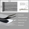 Cross-section view of wood grain peel and stick wall decals showing multiple layers including printing, insulation, aluminum 