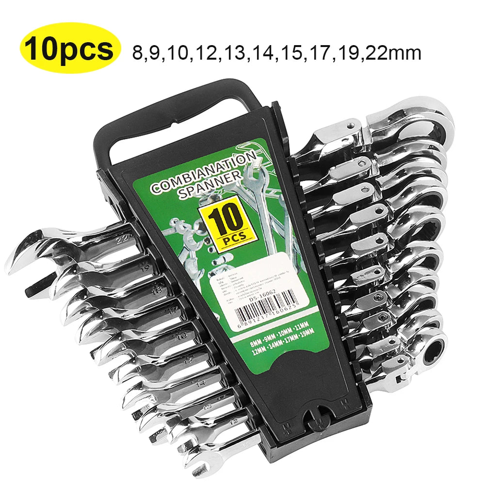 Ratcheting Spanner Set with Flexible Head – 72-Tooth Design