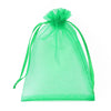 A clear green organza drawstring gift bag is shown against a white background.