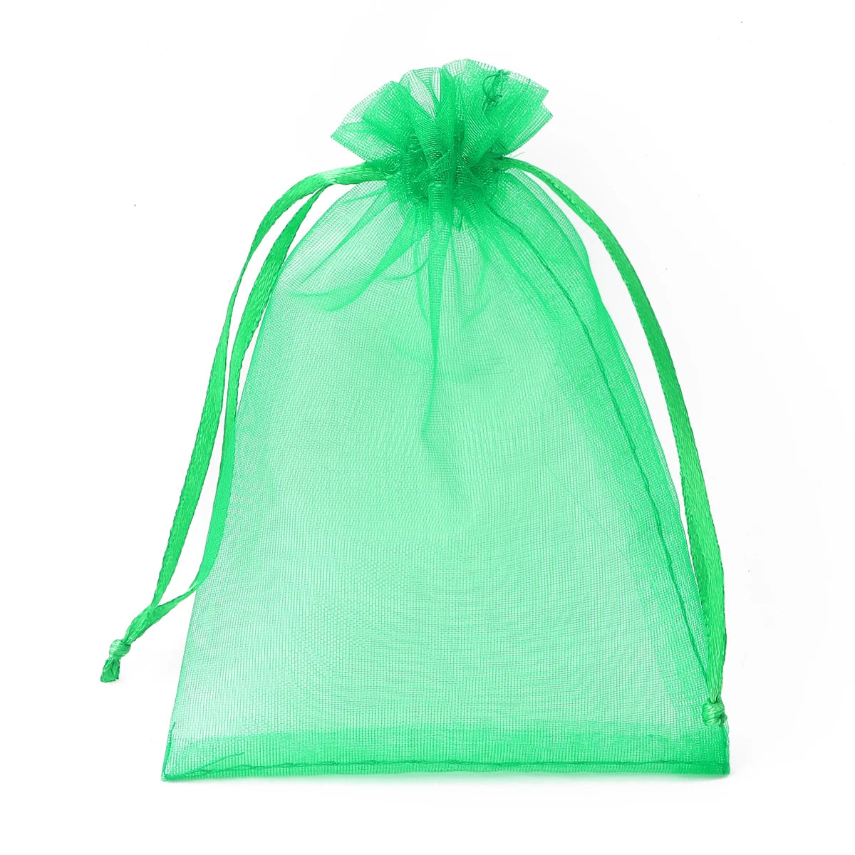 A clear green organza drawstring gift bag is shown against a white background.