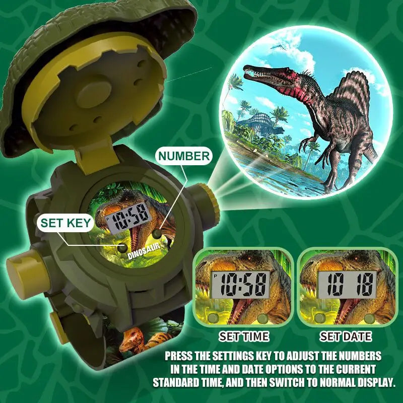 A dinosaur projector watch for kids showing instructions on setting the time and date.