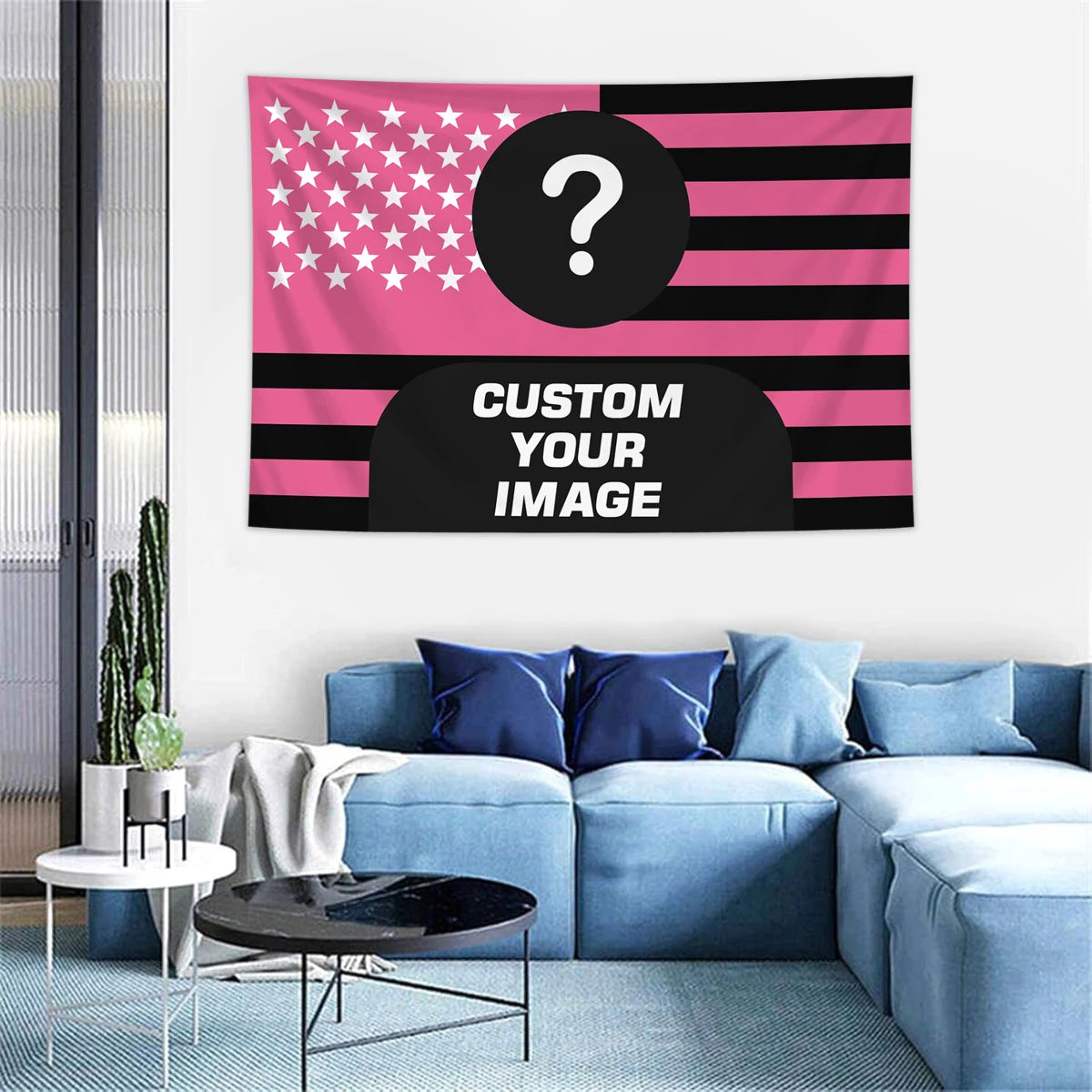 Pink-schwarz gestreifte Flaggen-Tapestry mit einem großen Fragezeichen in der Mitte.