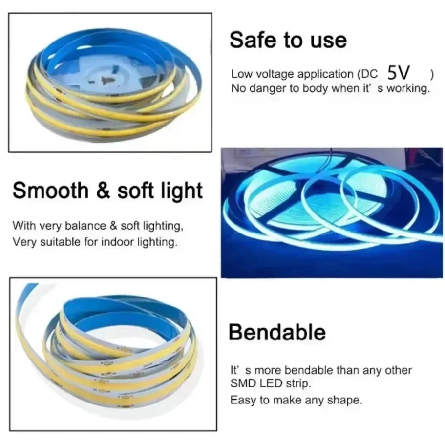 A set of flexible, yellow LED strips is shown with accompanying text describing its safe use, smooth light, and bendable natu