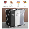A foldable waterproof laundry basket with handles and sorting compartments for dark, light, and color laundry.