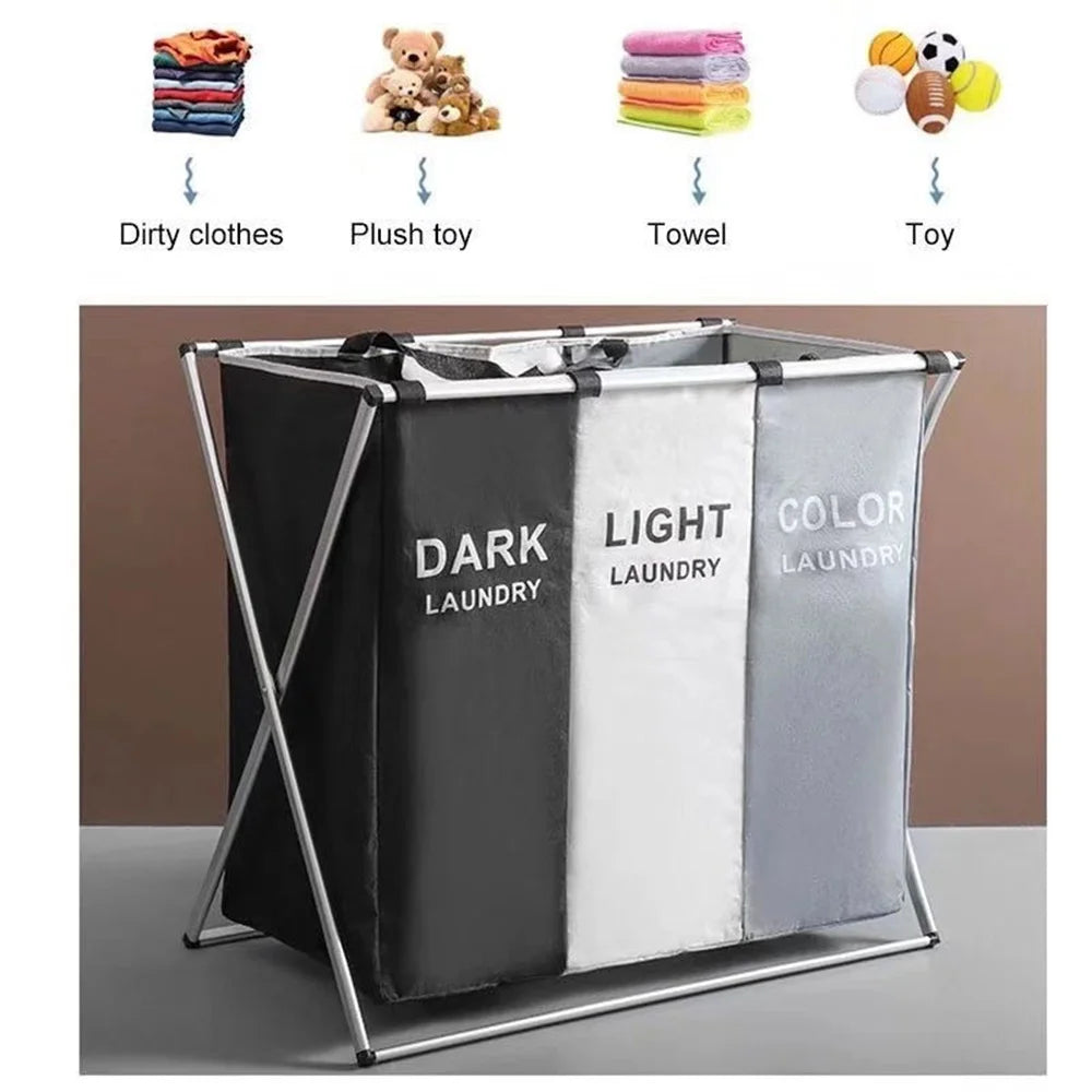A foldable waterproof laundry basket with handles and sorting compartments for dark, light, and color laundry.