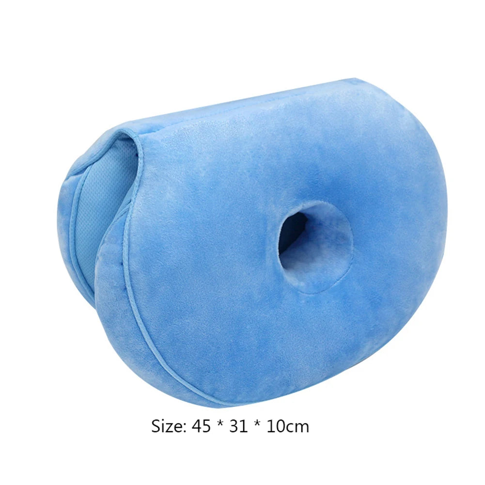 Light blue orthopedic memory foam seat cushion with a cutout for posture support