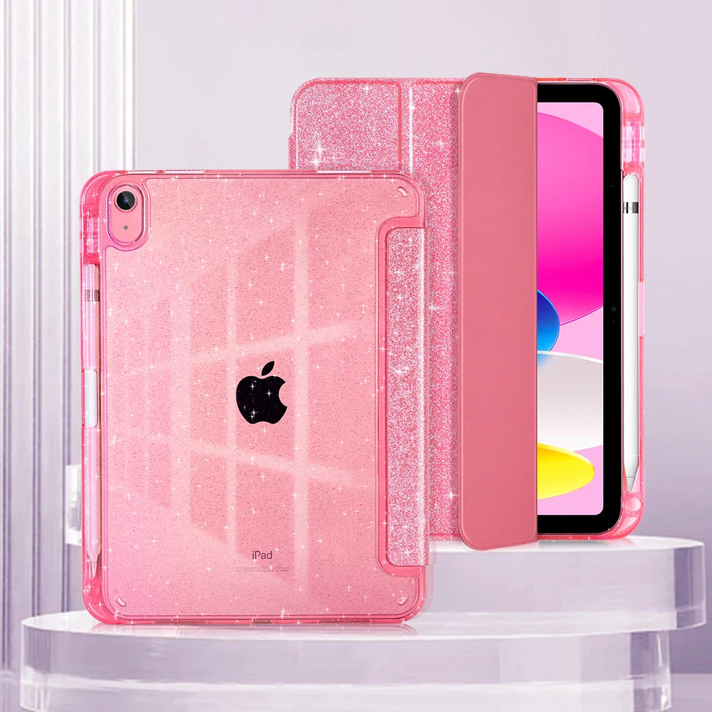 Pinker glitzernder Etui und Hülle für iPad Pro, präsentiert auf einem klaren Ständer.