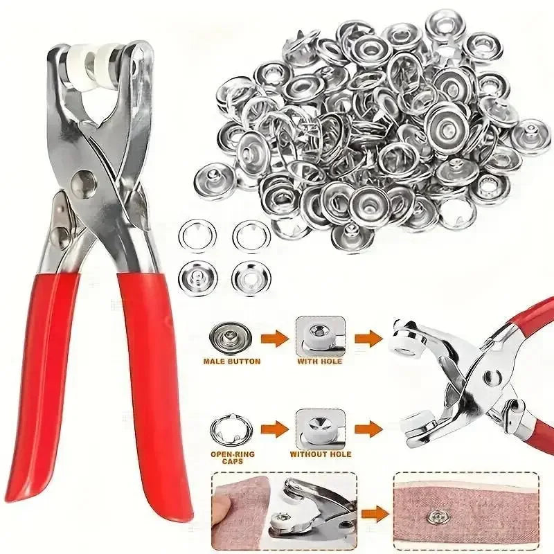 Snap Button Kit with Pliers – 100 Sets of Metal Fasteners for Sewing and Crafts