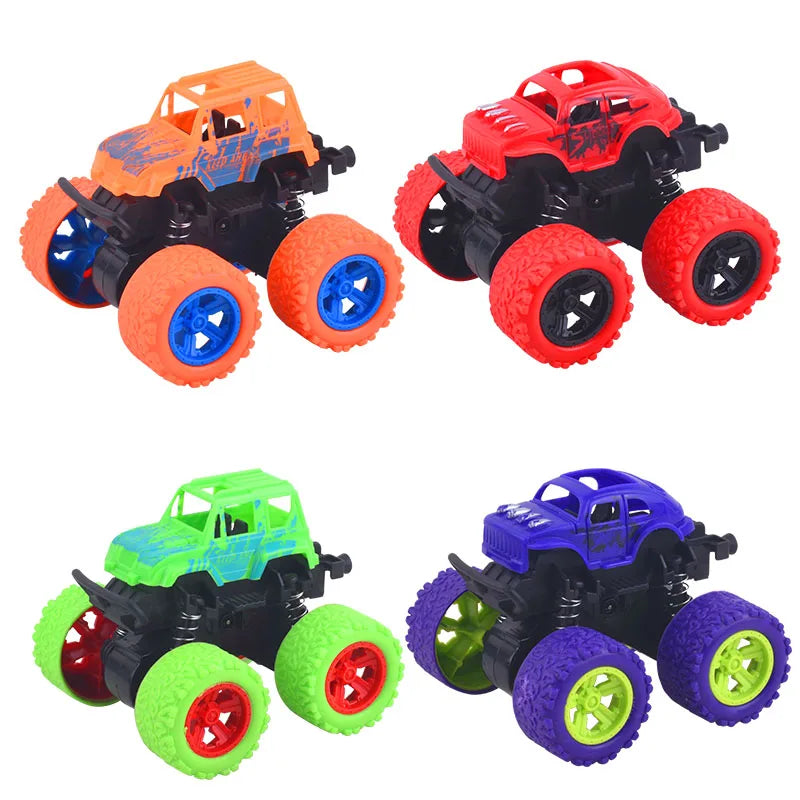 Four brightly colored off-road stunt cars in orange, red, green, and purple.