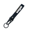 Black nylon keychain with embroidered WANGED text and a steel spring clip.