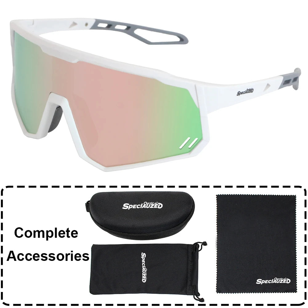 A pair of white photochromic cycling sunglasses with a pink-orange tint and included accessories.