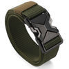 A dark olive green tactical nylon belt with a black metal buckle is shown on a white background.