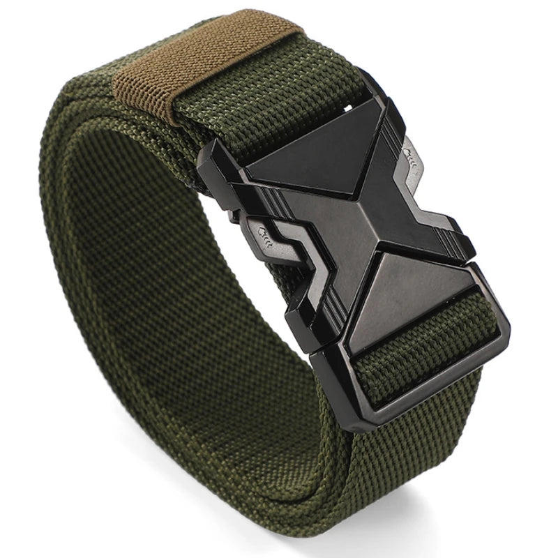 A dark olive green tactical nylon belt with a black metal buckle is shown on a white background.