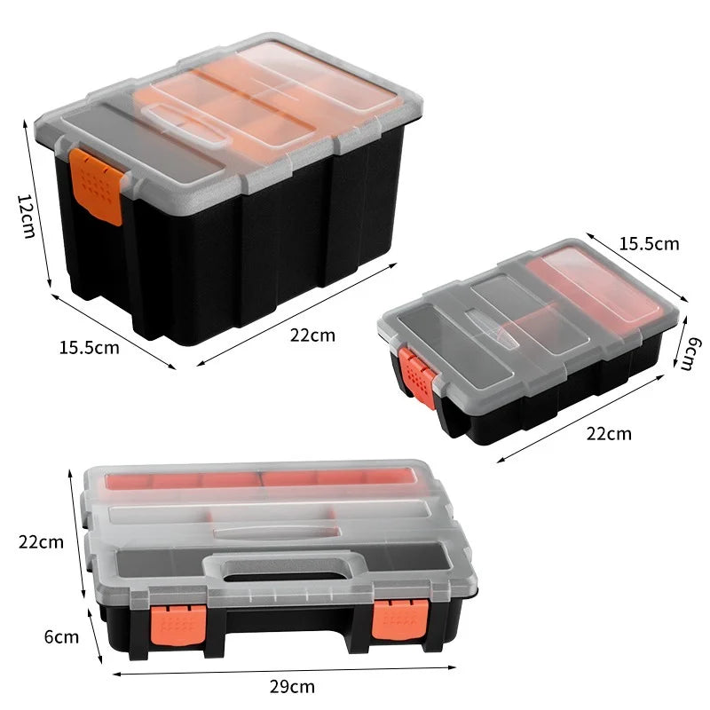 A set of black plastic compartment tool box organizers with clear and orange inserts shown from various angles.